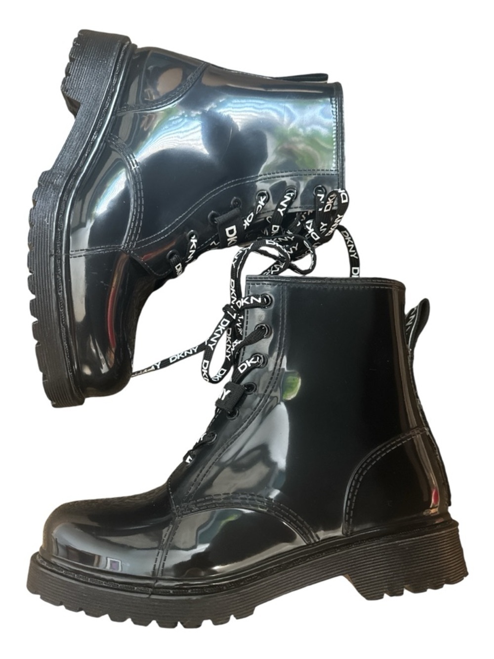 DKNY Tibby Black Vegan Patent Leather Logo Laced Combat Boho Moto Boots Sz 8 - Picture 6 of 14